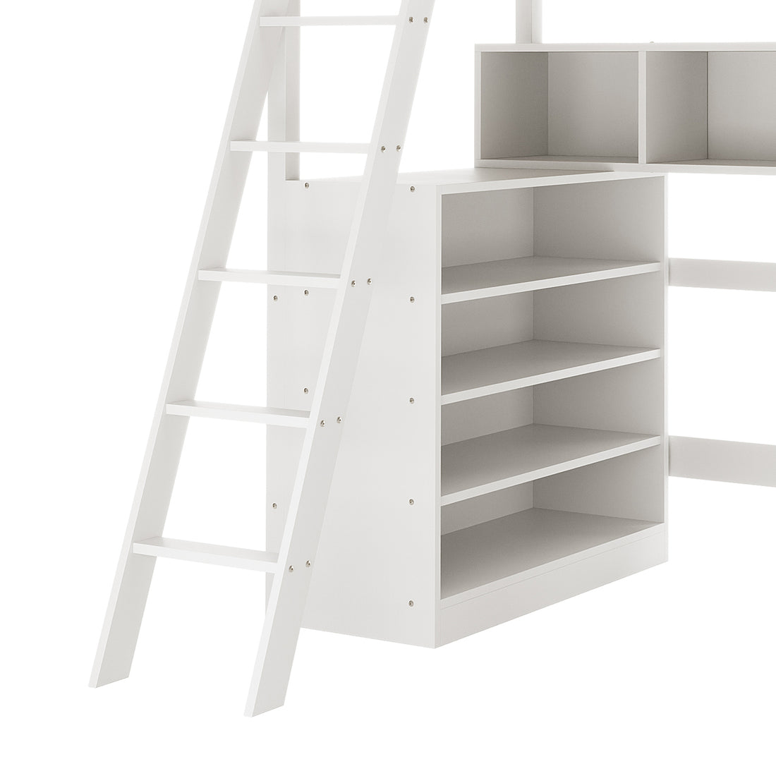 Momo Solid Pine Wood Loft Bed with Desk & Storage in White, featuring a ladder, integrated shelving with four open shelves, and two cubby compartments, showcasing its functional, space-saving design.