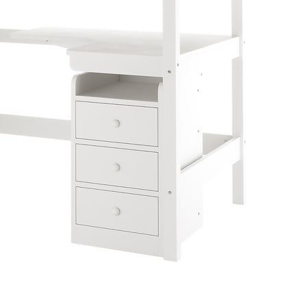 Momo Solid Pine Wood Loft Bed with Desk & Storage in White features a white loft-bed frame with integrated storage: three drawers, a small shelf, and a built-in desk for space-saving functionality.