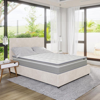 Oriona Double 25cm Pocket Spring Gel Mattress in Medium Firm on a low-profile upholstered bed, showcasing a tufted design, complemented by mid-century nightstands and glass pendant lights in a bright bedroom setting.