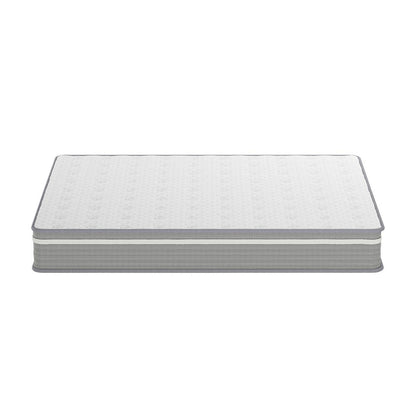 Oriona Double 25cm Pocket Spring Gel Mattress in Medium Firm features a white quilted surface and gray side panels, showcasing a slim profile, ideal for comfort and support.