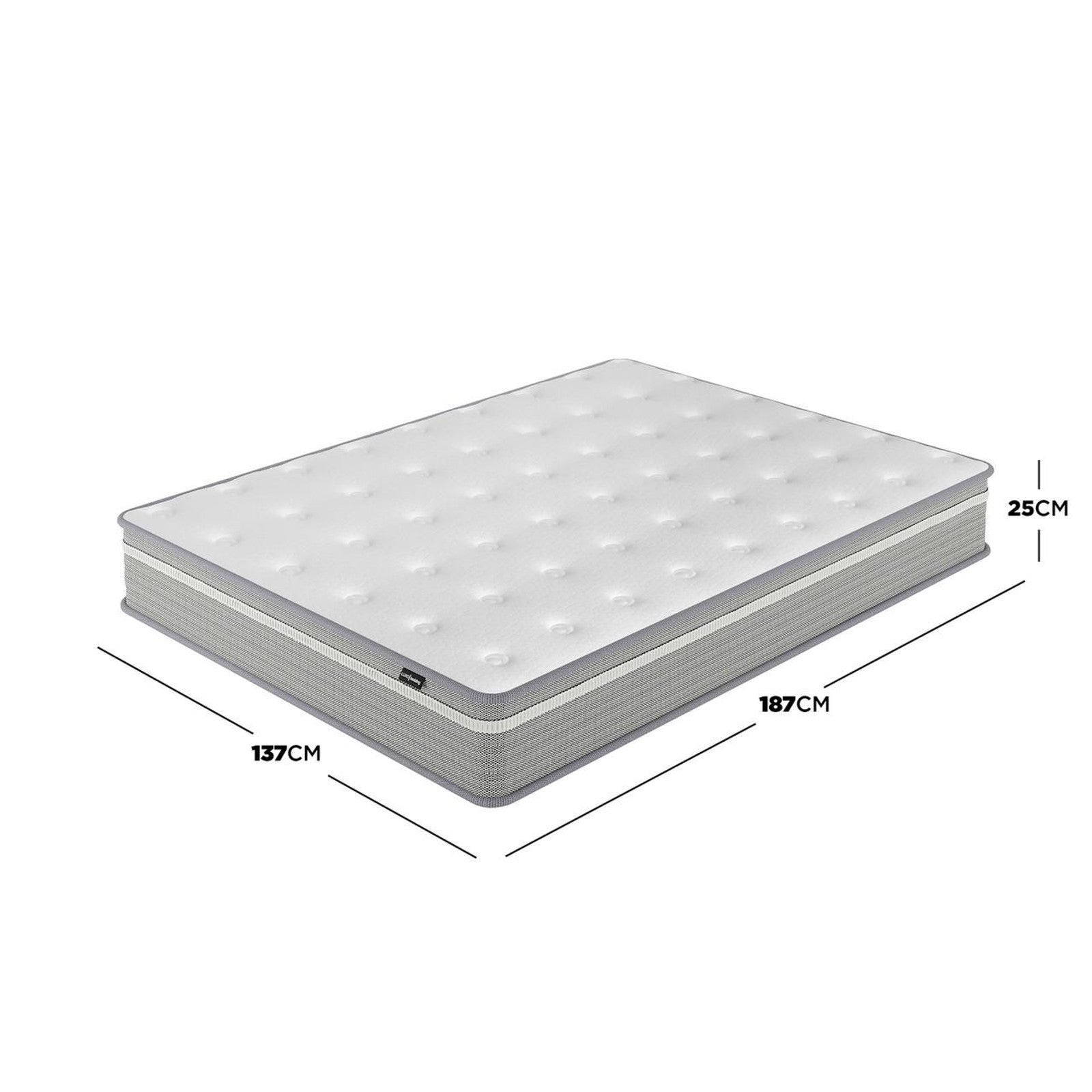 Oriona Double 25cm Pocket Spring Gel Mattress in Medium Firm, showcasing a 3D view with quilted top, grey base, tufting dots, and dimensions: 187 cm length, 137 cm width, 25 cm height.