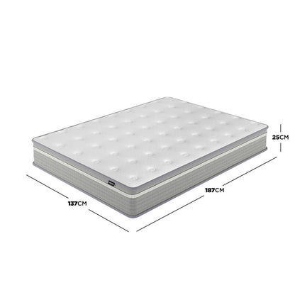 Oriona Double 25cm Pocket Spring Gel Mattress in Medium Firm, showcasing a 3D view with quilted top, grey base, tufting dots, and dimensions: 187 cm length, 137 cm width, 25 cm height.