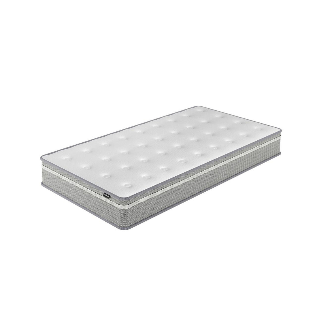 Oriona King Single 25cm Pocket Spring Mattress in Med Firm, featuring a tufted white top and grey sides. Offers cooling gel-infused foam and 5-zone pocket springs for supportive, temperature-regulated sleep.