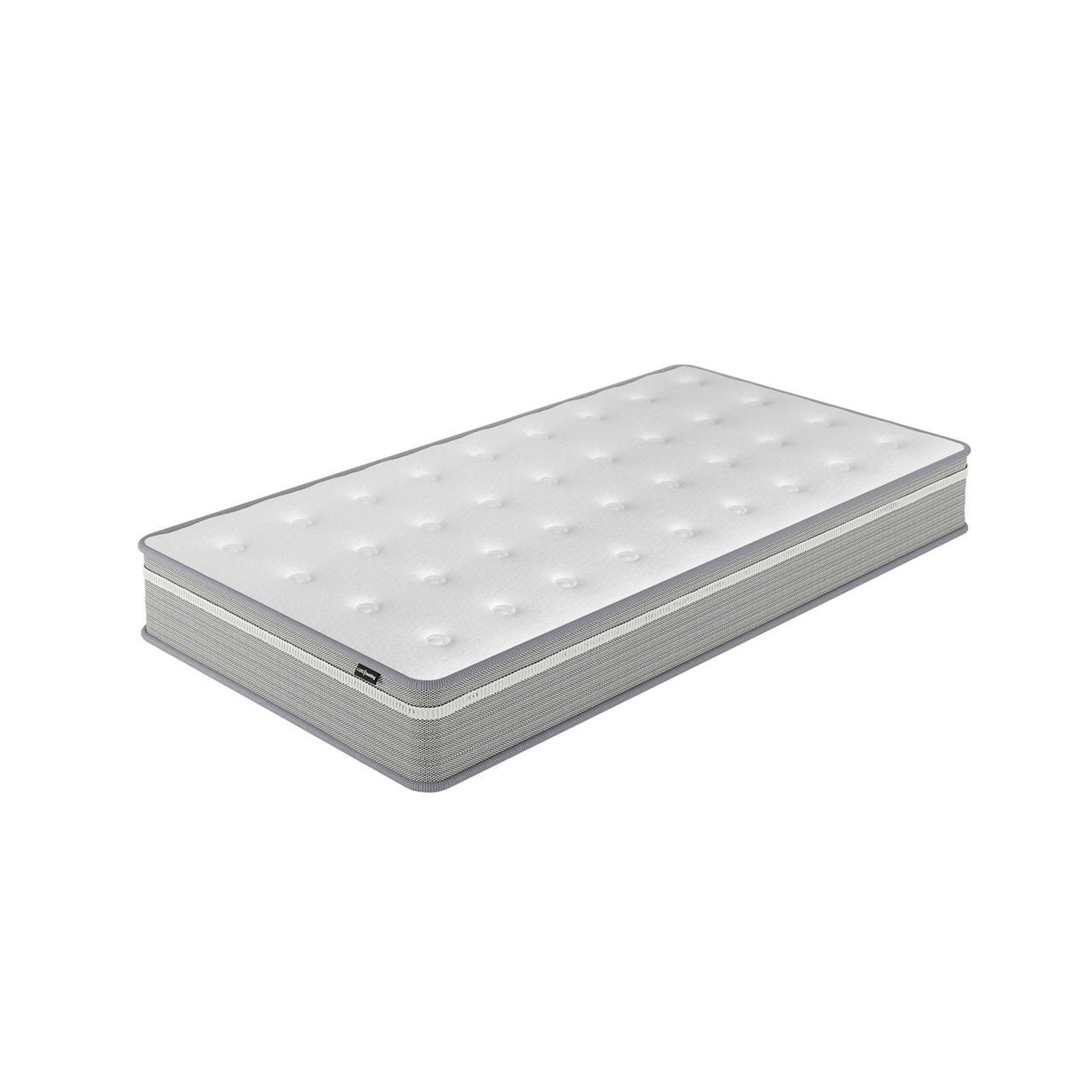 Oriona King Single 25cm Pocket Spring Mattress in Med Firm, featuring a tufted white top and grey sides. Offers cooling gel-infused foam and 5-zone pocket springs for supportive, temperature-regulated sleep.