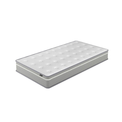 Oriona King Single 25cm Pocket Spring Mattress in Med Firm, featuring a tufted white top and grey sides. Offers cooling gel-infused foam and 5-zone pocket springs for supportive, temperature-regulated sleep.