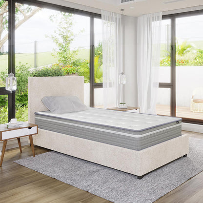 Oriona King Single 25cm Pocket Spring Mattress in Med Firm on a sleek bed, showcasing its tufted surface and supportive design. Accompanied by a modern bedroom setting with minimalistic decor.