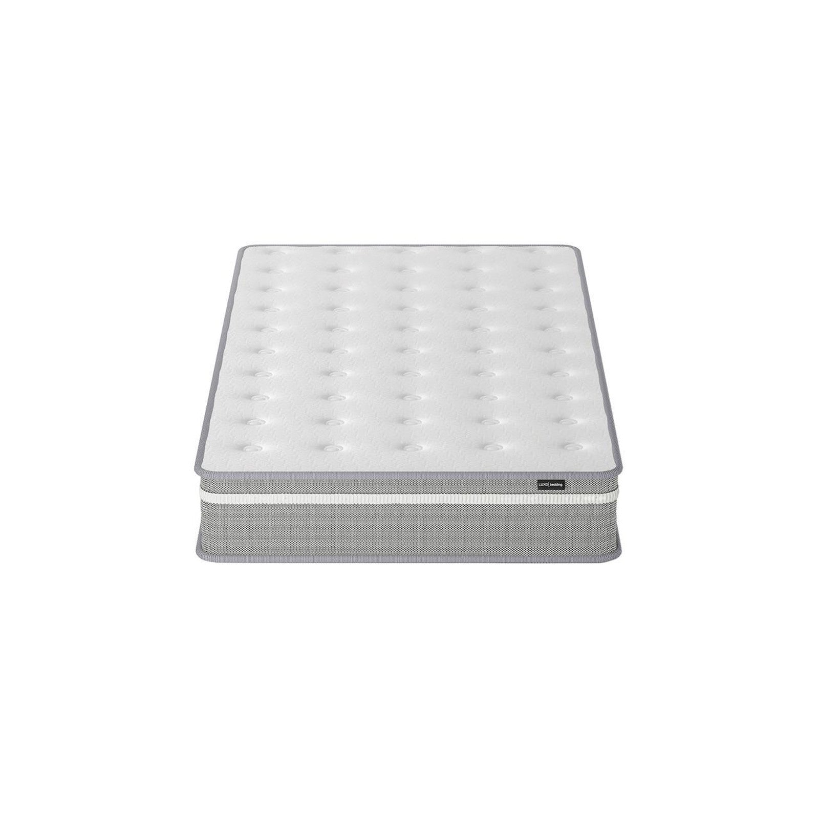 Oriona King Single 25cm Pocket Spring Mattress in Med Firm features a white tufted pillow-top and gray sides with a lighter band, showcasing its two-tone, multi-layer design from a low front angle.