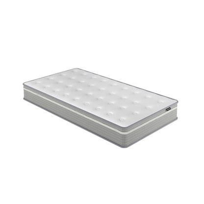 Oriona King Single 25cm Pocket Spring Mattress in Med Firm, featuring a white quilted top and gray side panels, designed for personalized support and cooling comfort with its cool gel-infused memory foam.