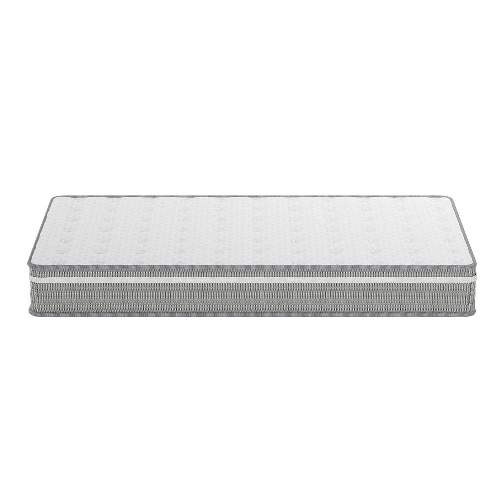 Oriona King Single 25cm Pocket Spring Mattress in Med Firm with a white quilted top and gray side panels, designed for comfort with cool gel-infused memory foam and breathable air mesh fabric.