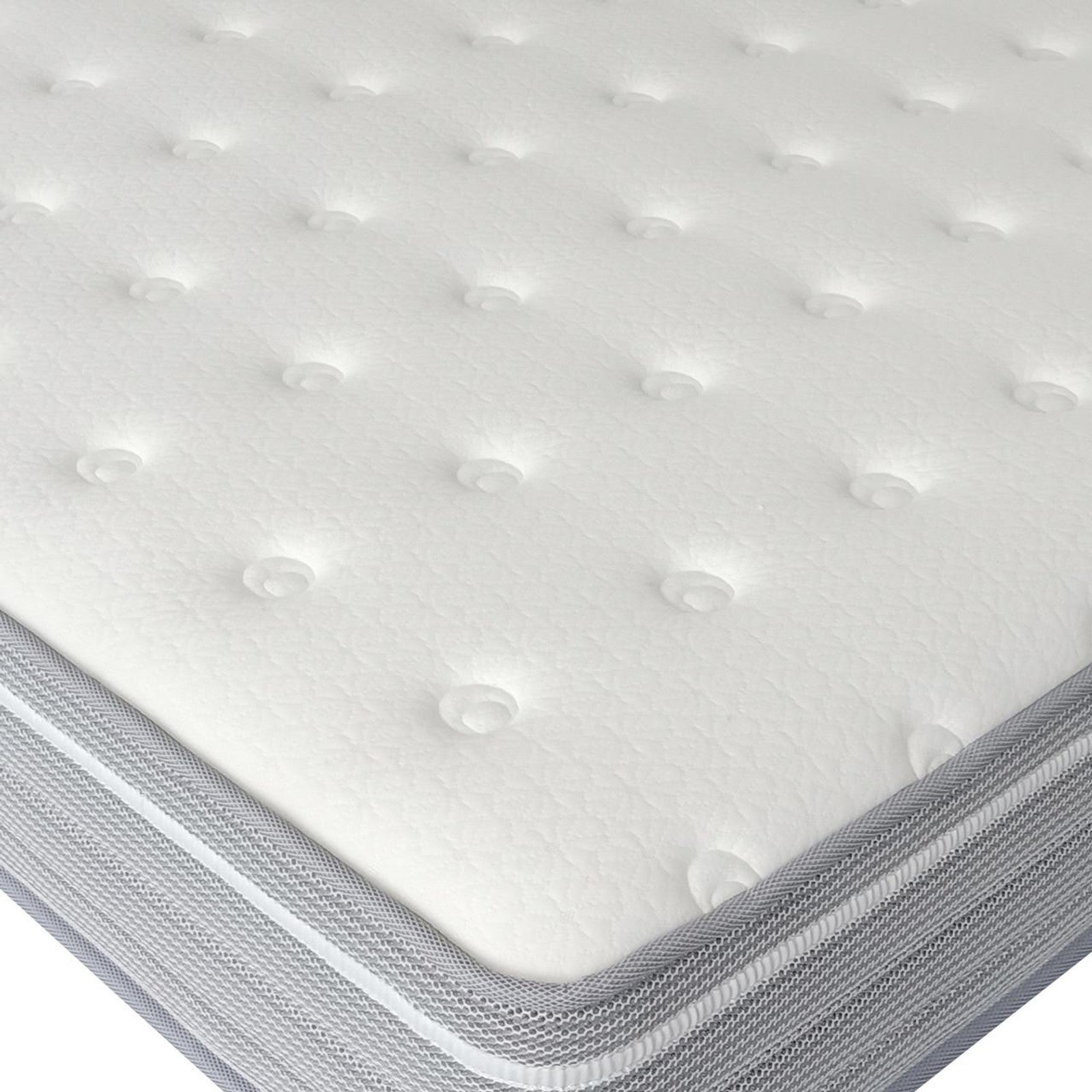 Oriona King Single 25cm Pocket Spring Mattress in Med Firm, featuring a tufted white surface and gray-textured side panels, highlighting its cool gel-infused memory foam and 5-zone pocket spring support system.