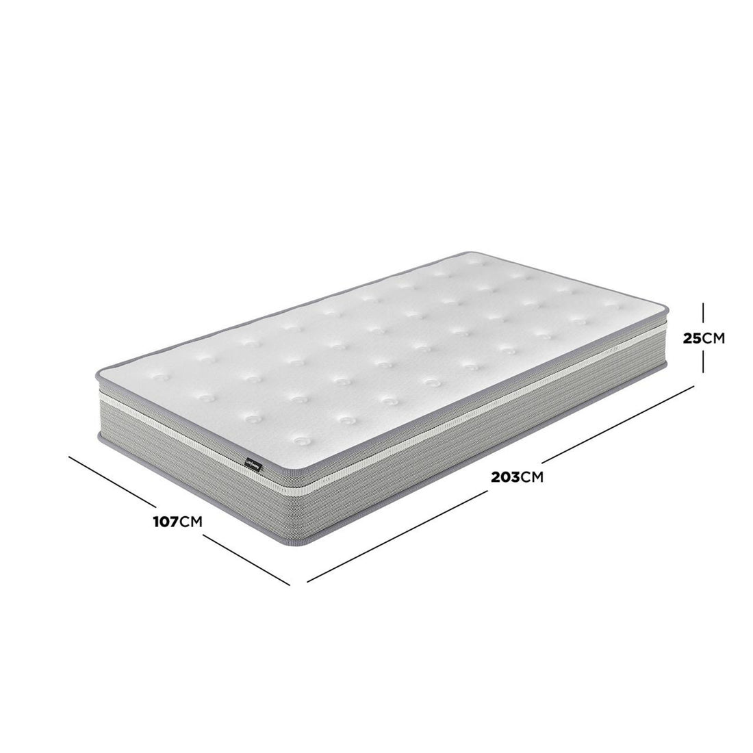 Oriona King Single 25cm Pocket Spring Mattress in Med Firm features a white tufted top and grey sides, offering personalized support with cool gel memory foam and 5-zone spring system for enhanced comfort.