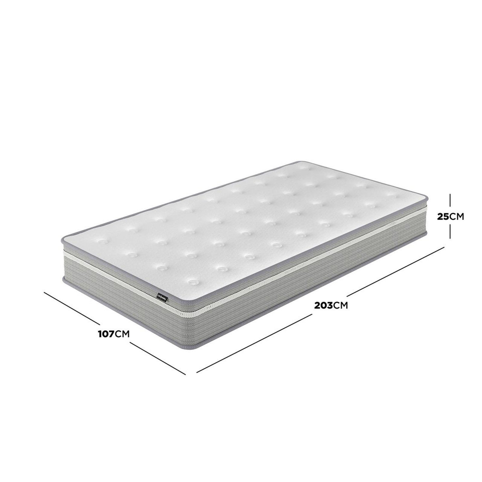 Oriona King Single 25cm Pocket Spring Mattress in Med Firm features a white tufted top and grey sides, offering personalized support with cool gel memory foam and 5-zone spring system for enhanced comfort.