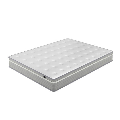 Oriona Queen 25cm Pocket Spring Gel Mattress in Medium Firm, featuring a white tufted top and gray sides, designed for cooling comfort and support with cool gel memory foam and pocket springs.