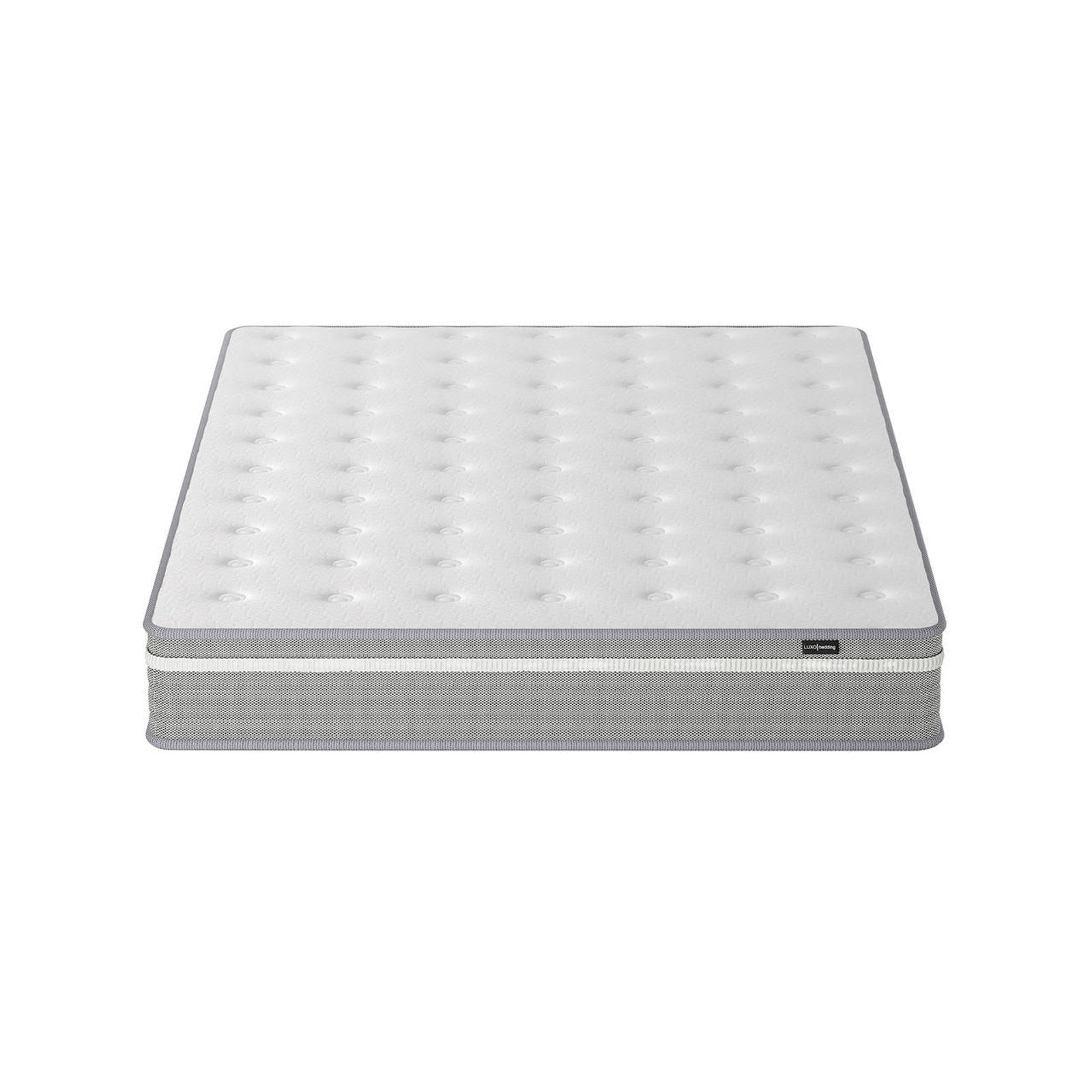 Oriona Queen 25cm Pocket Spring Gel Mattress in Medium Firm featuring a quilted white tufted top, light-gray side panel with white piping, and a brand label on the side.