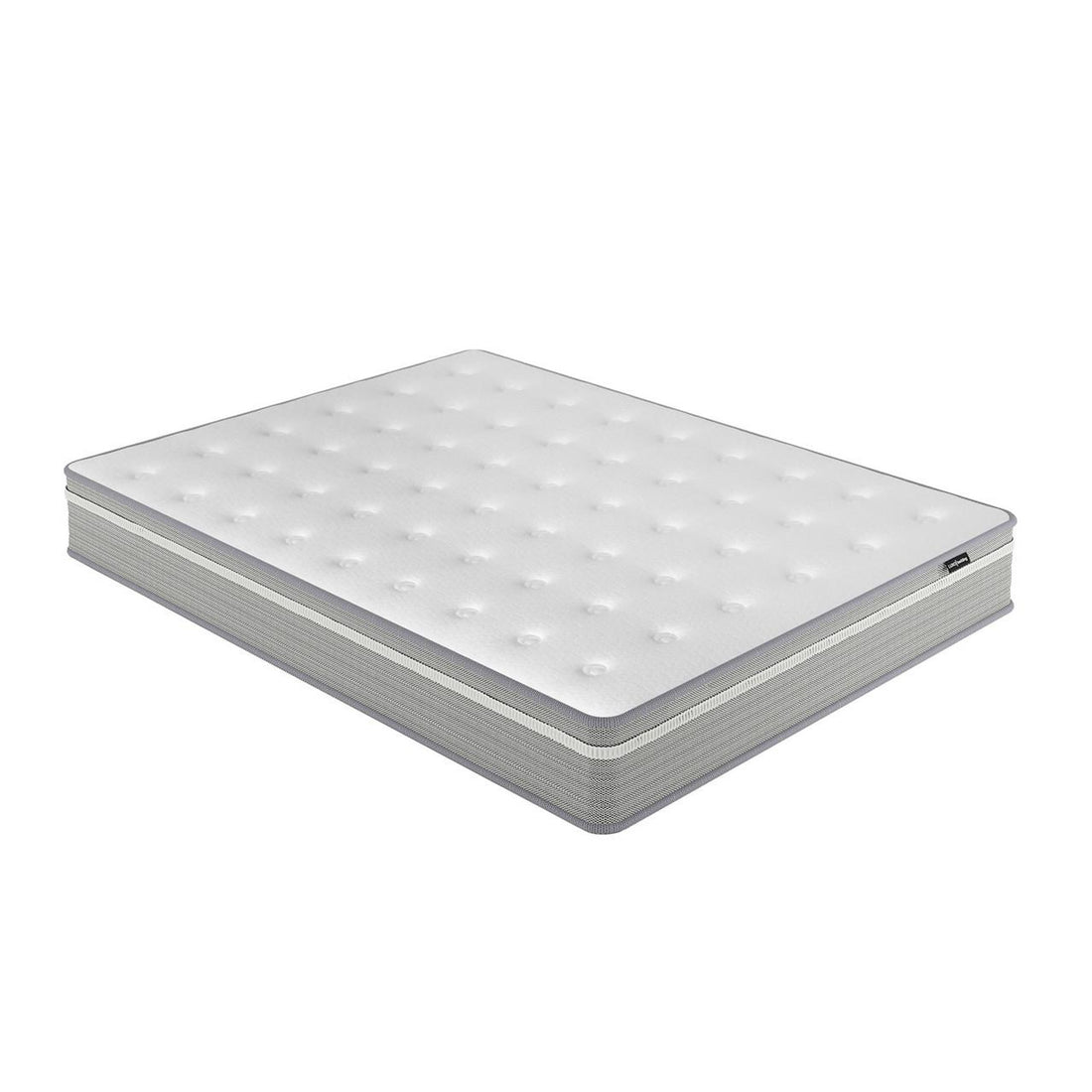 The Oriona Queen 25cm Pocket Spring Gel Mattress in Medium Firm features a white tufted top and grey sides, designed for optimal comfort with cool gel memory foam and a 5-zone spring system.