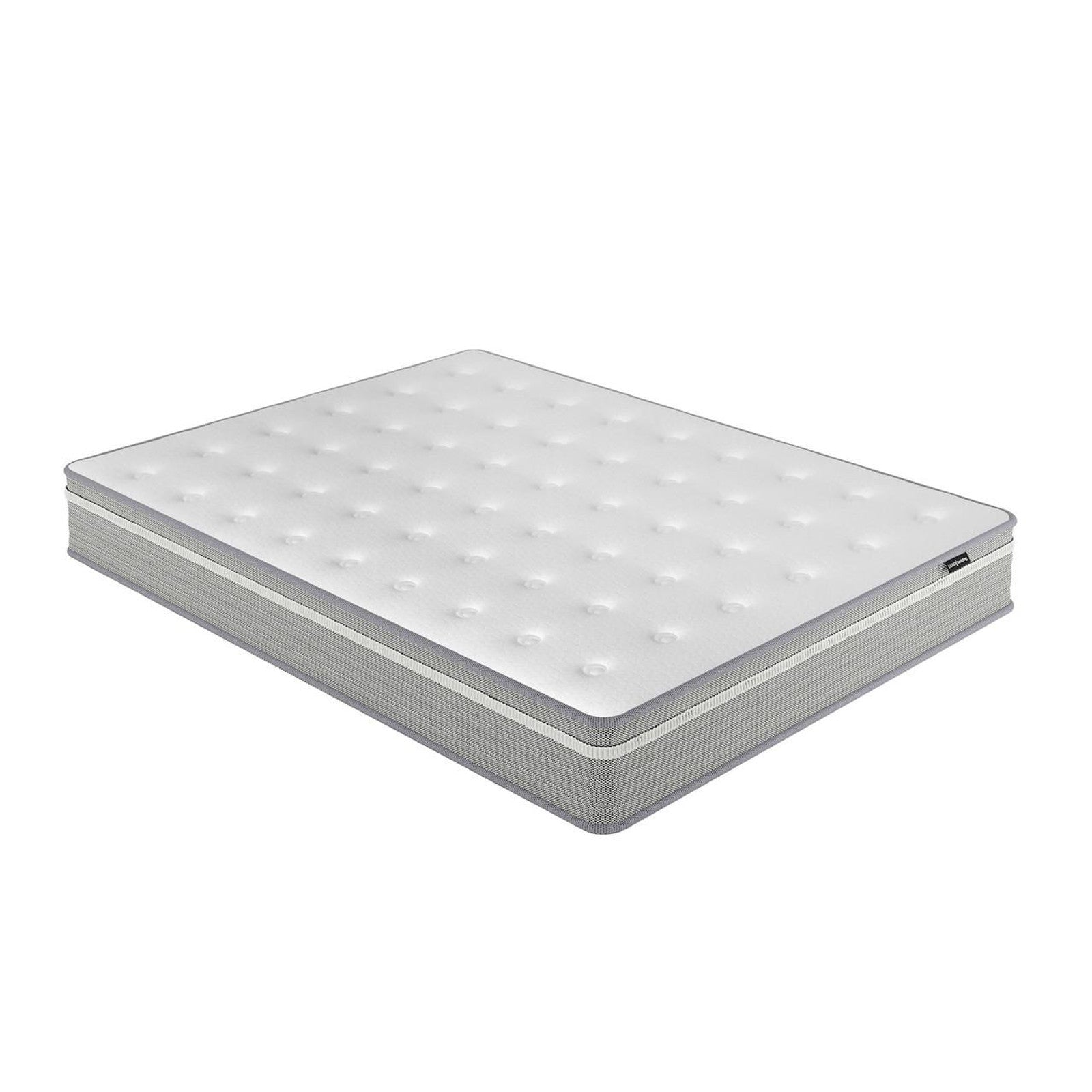 The Oriona Queen 25cm Pocket Spring Gel Mattress in Medium Firm features a white tufted top and grey sides, designed for optimal comfort with cool gel memory foam and a 5-zone spring system.