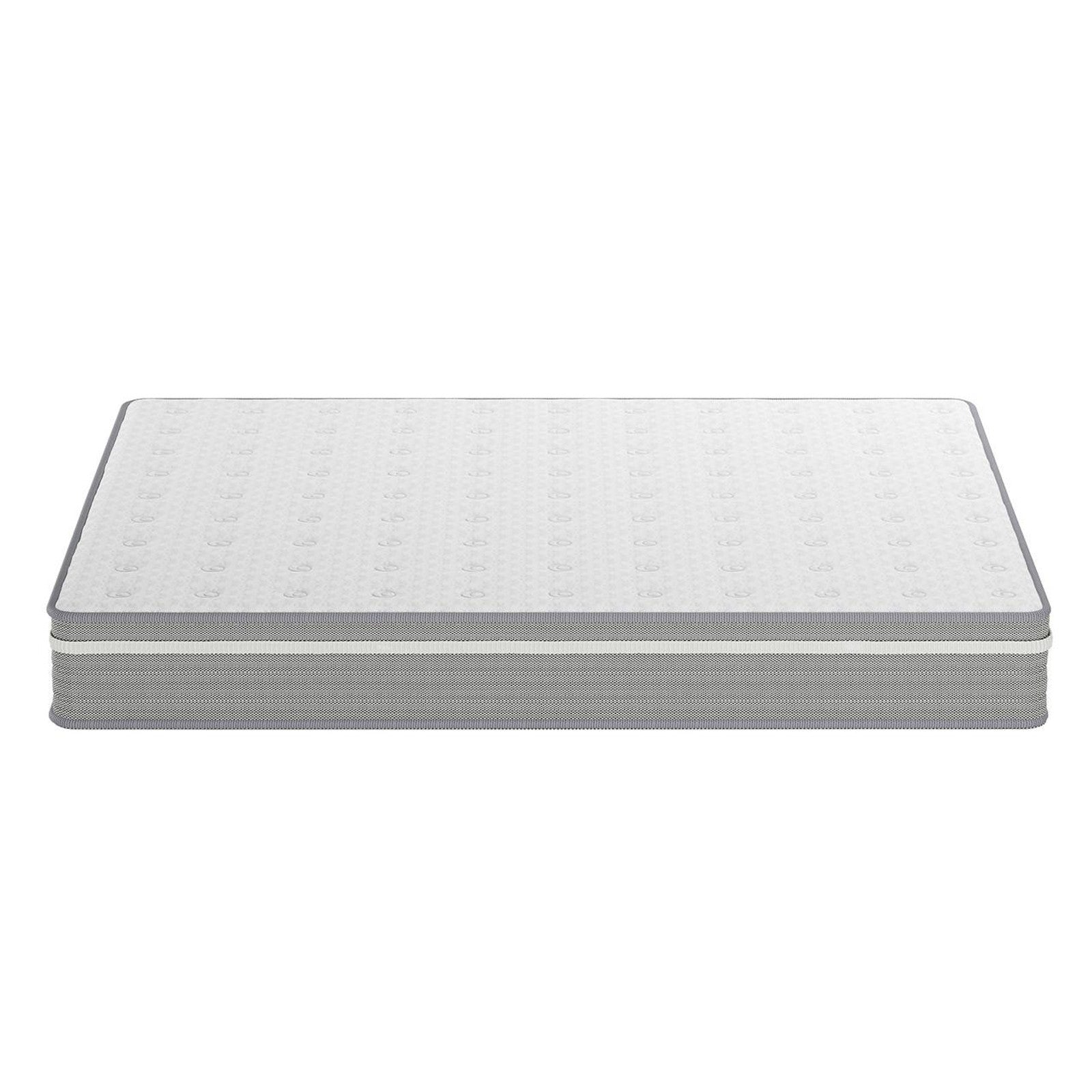 Oriona Queen 25cm Pocket Spring Gel Mattress in Medium Firm, featuring a white quilted top with circular patterns, grey fabric sides, and a midsection band, emphasizing layered construction for comfort.