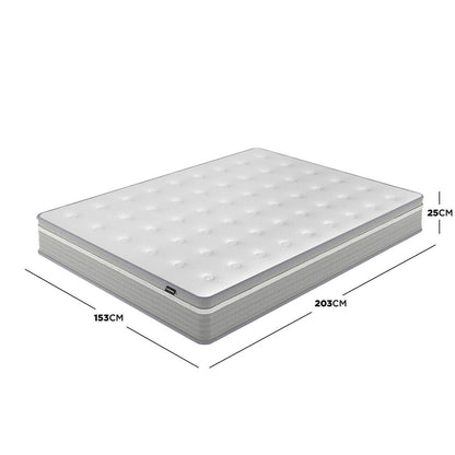 Oriona Queen 25cm Pocket Spring Gel Mattress in Medium Firm, featuring a white quilt-top and grey sides, measures 153 cm wide × 203 cm long × 25 cm thick, designed for enhanced comfort and support.