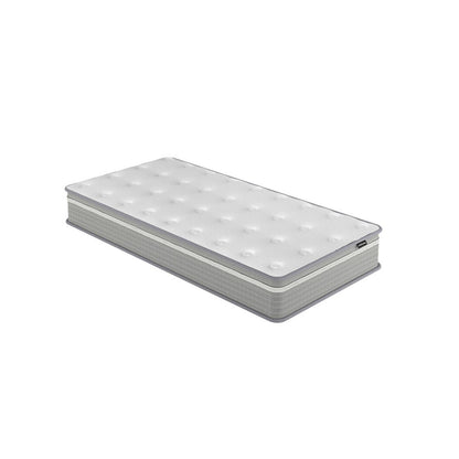 Oriona Single 25cm Pocket Spring Gel Mattress in Medium Firm, featuring a white tufted top and light gray sides, designed for breathability, support, and temperature control with cool gel memory foam.