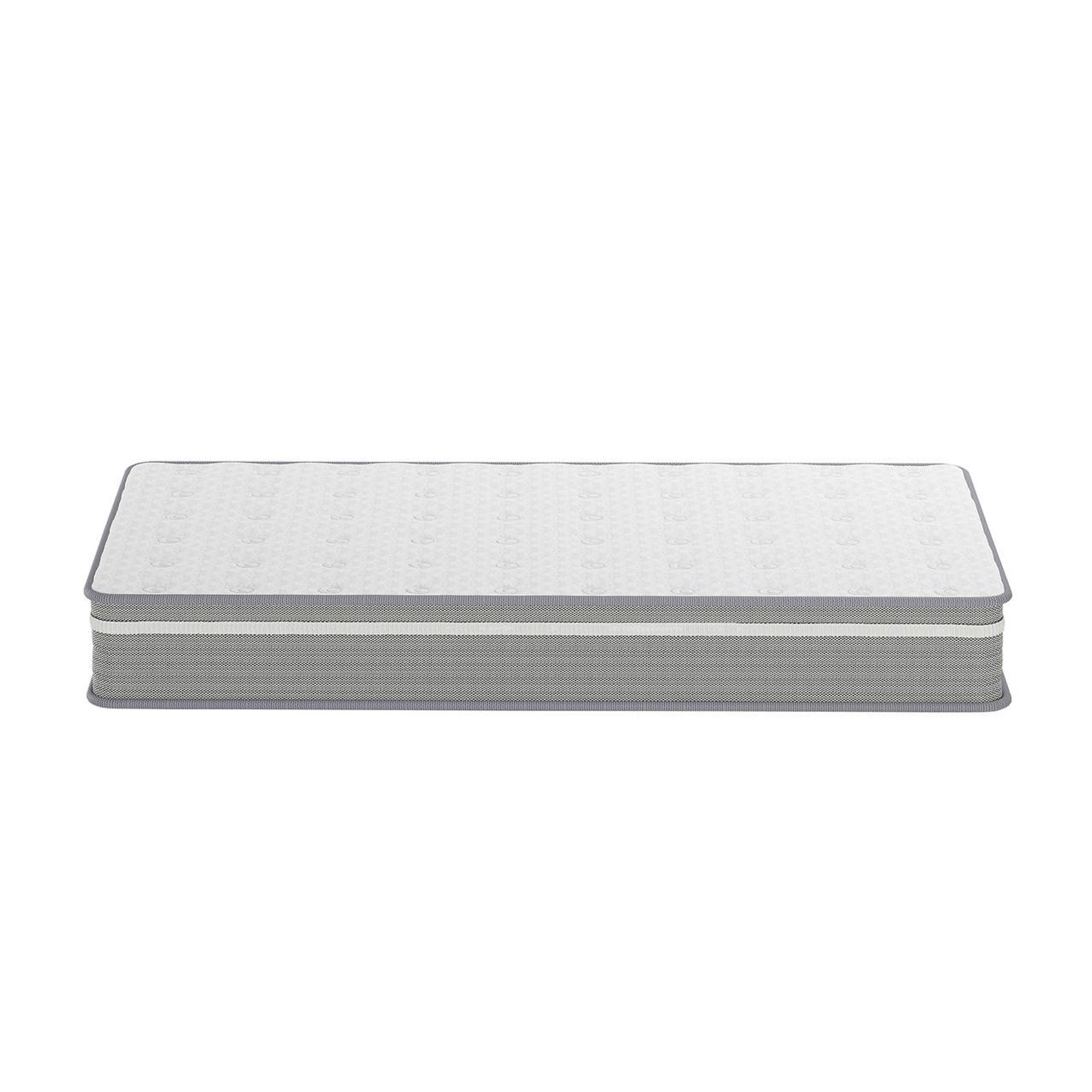 Oriona Single 25cm Pocket Spring Gel Mattress in Medium Firm, featuring a white quilted top and gray sides, showcasing its breathable design and supportive structure against a plain white backdrop.