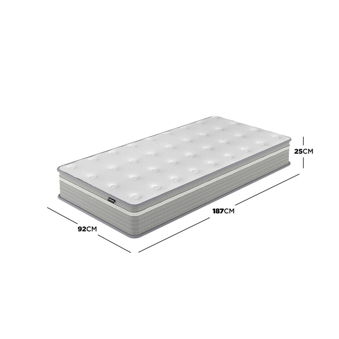 Oriona Single 25cm Pocket Spring Gel Mattress in Medium Firm with white top, grey sides; dimensions 92cm x 187cm x 25cm. Highlights include cool gel layer, 5-zone support system, and reinforced edges.