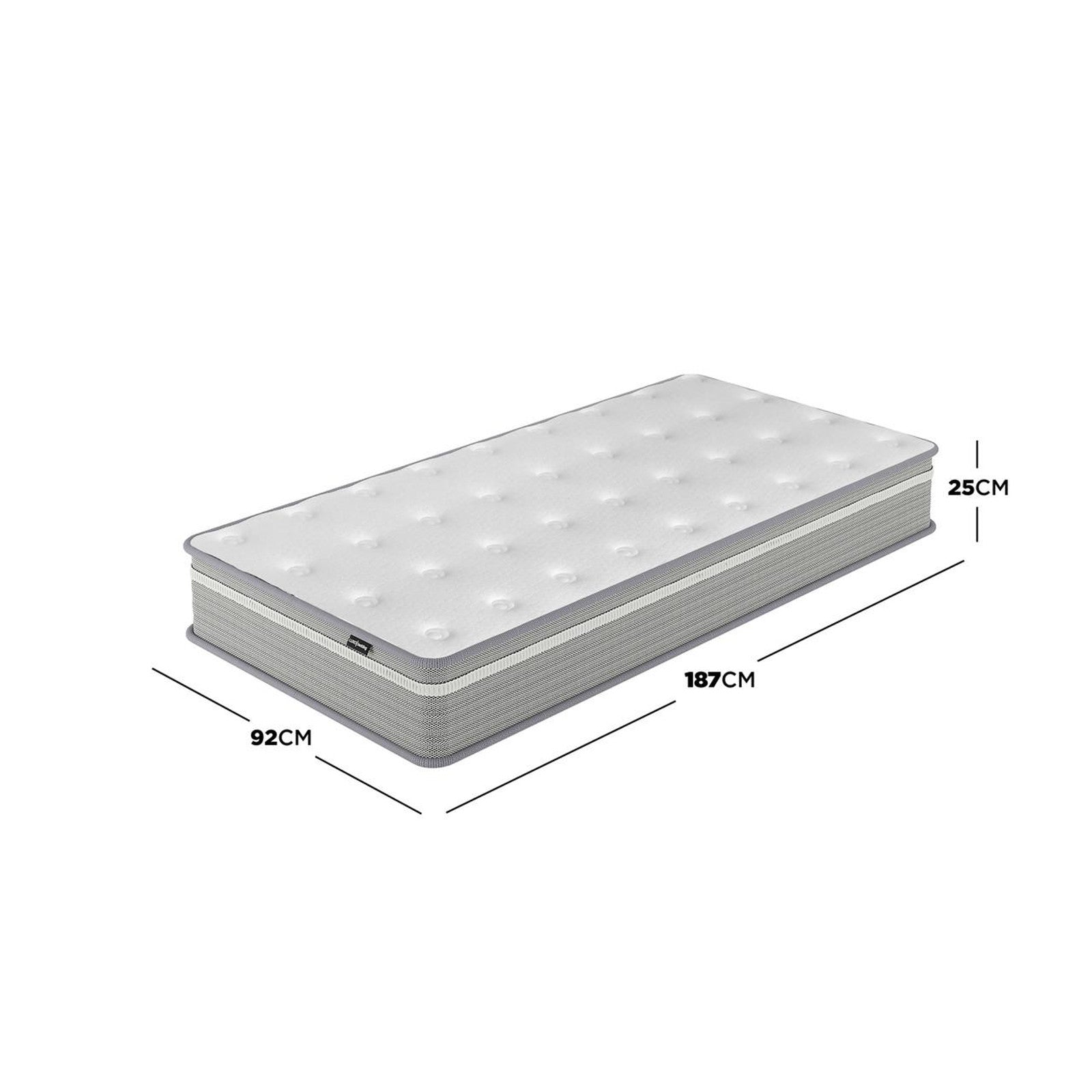 Oriona Single 25cm Pocket Spring Gel Mattress in Medium Firm with white top, grey sides; dimensions 92cm x 187cm x 25cm. Highlights include cool gel layer, 5-zone support system, and reinforced edges.