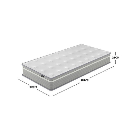 Oriona Single 25cm Pocket Spring Gel Mattress in Medium Firm with white top, grey sides; dimensions 92cm x 187cm x 25cm. Highlights include cool gel layer, 5-zone support system, and reinforced edges.
