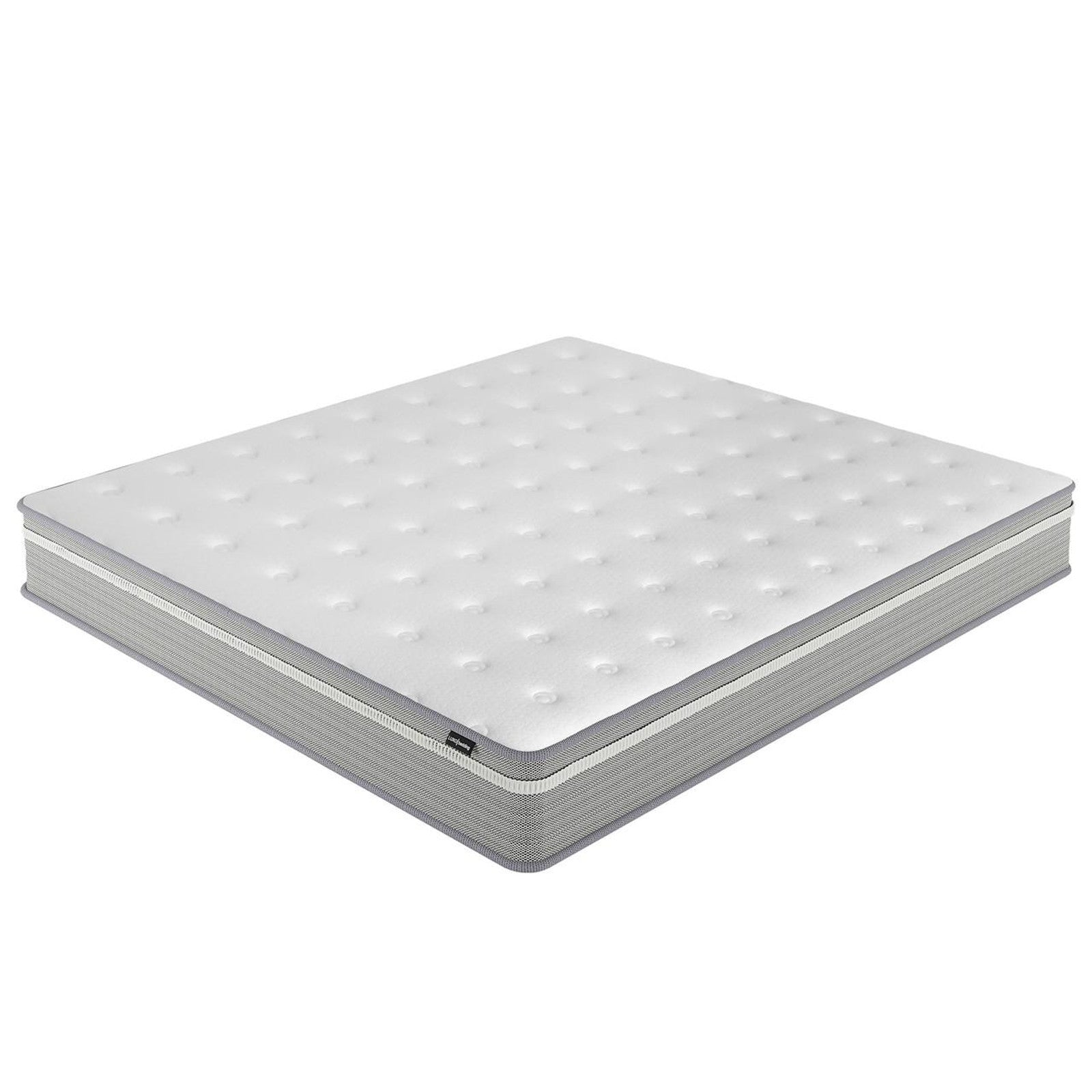 Oriona Super King 25cm Pocket Spring Mattress in Med Firm, showcasing a white tufted surface with gray side panels, ideal for comfort and support with cooling gel memory foam and air mesh sides.