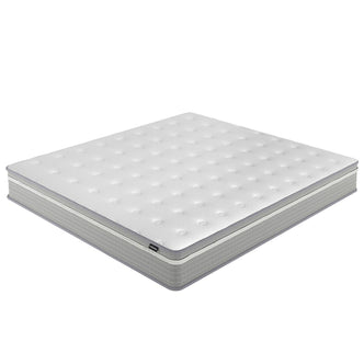 Oriona Super King 25cm Pocket Spring Mattress in Med Firm, showcasing a white tufted surface with gray side panels, ideal for comfort and support with cooling gel memory foam and air mesh sides.