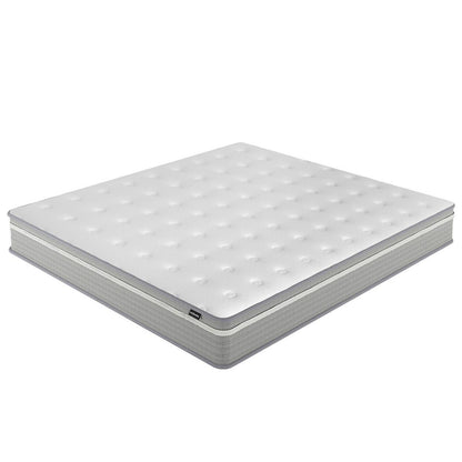 Oriona Super King 25cm Pocket Spring Mattress in Med Firm, showcasing a white tufted surface with gray side panels, ideal for comfort and support with cooling gel memory foam and air mesh sides.