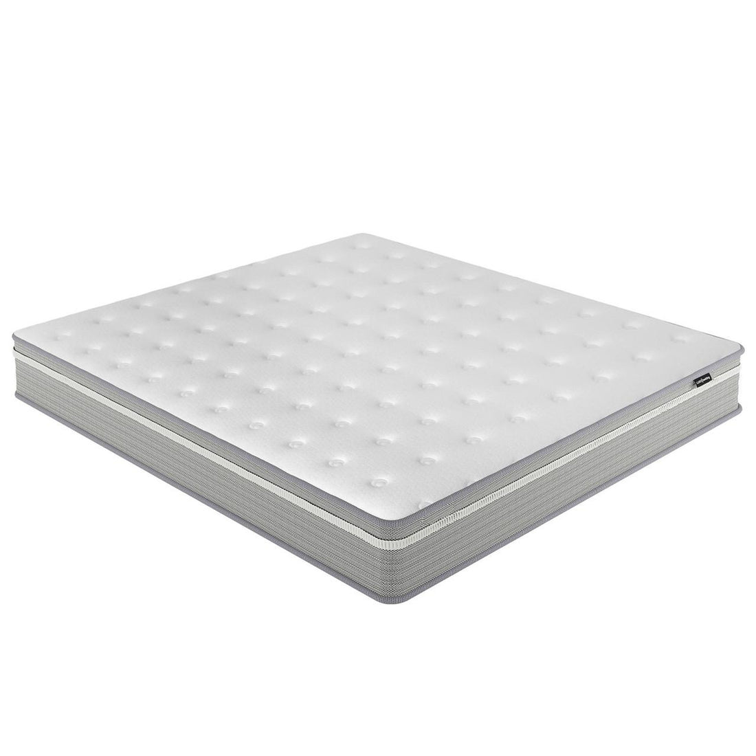 Oriona Super King 25cm Pocket Spring Mattress in Med Firm, featuring a white tufted quilt-top surface with gray side panels, showcasing its luxurious, supportive design for ultimate comfort and undisturbed sleep.