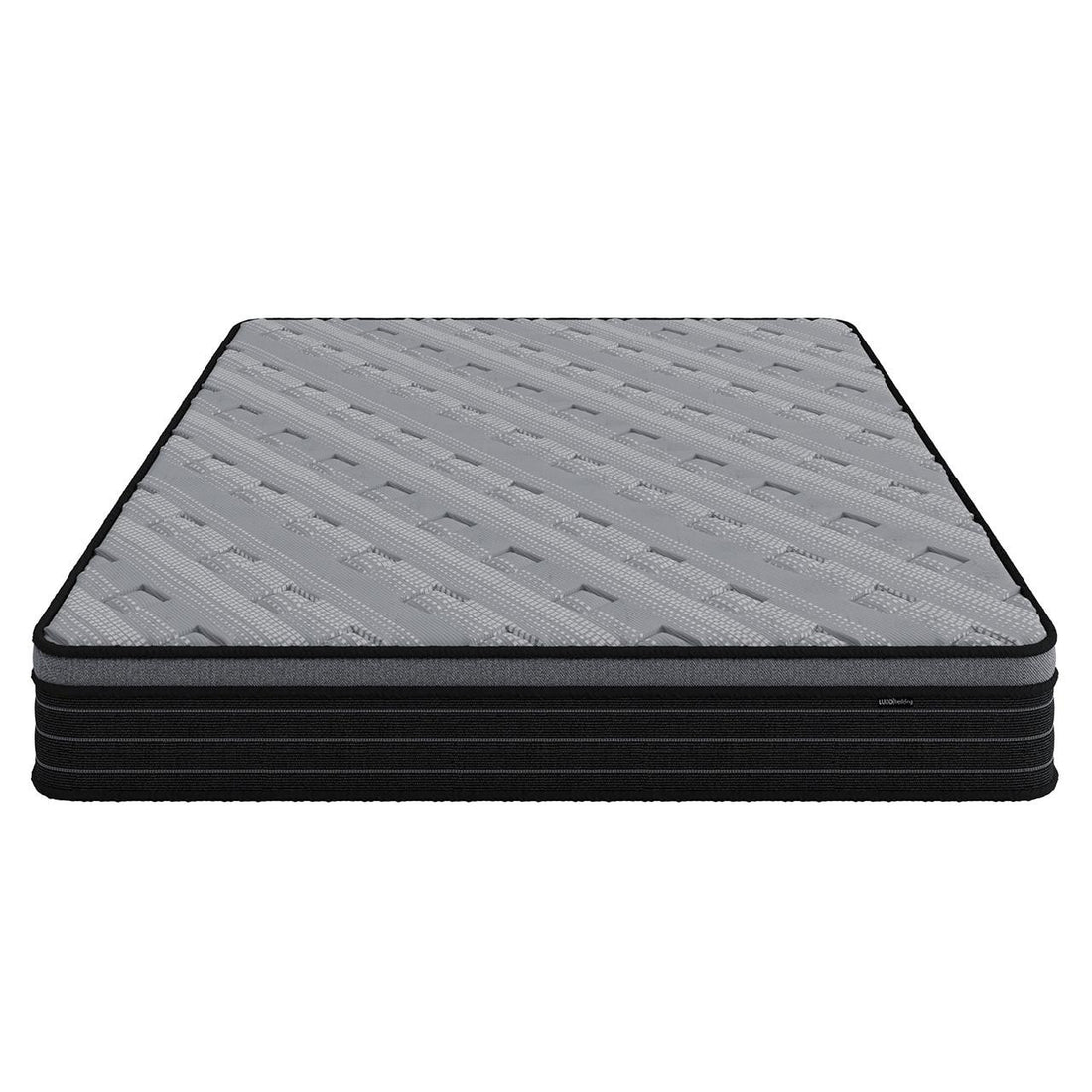 Phoebe King 33cm Euro Pillow Top Pocket Spring Mattress with grey quilted top, black tiered sides, showcasing its medium firm, supportive design against a plain white backdrop.