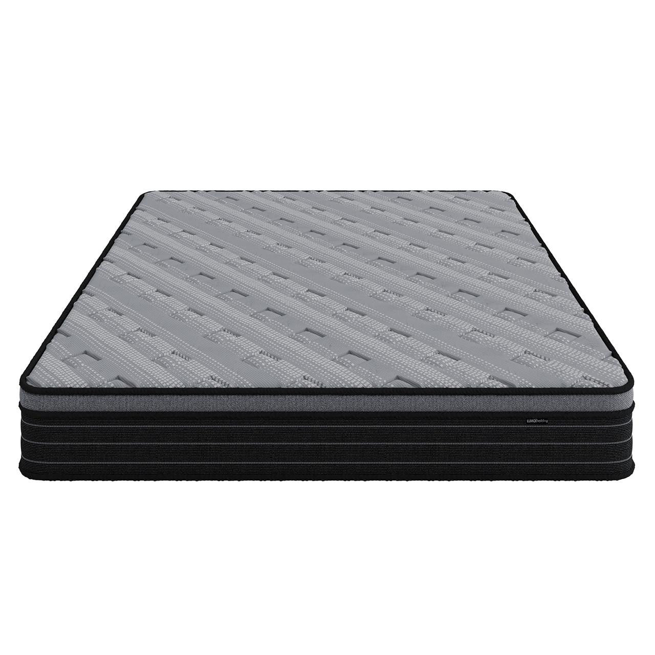 Phoebe King 33cm Euro Pillow Top Pocket Spring Mattress with grey quilted top, black tiered sides, showcasing its medium firm, supportive design against a plain white backdrop.