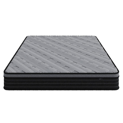 Phoebe King 33cm Euro Pillow Top Pocket Spring Mattress with grey quilted top, black tiered sides, showcasing its medium firm, supportive design against a plain white backdrop.