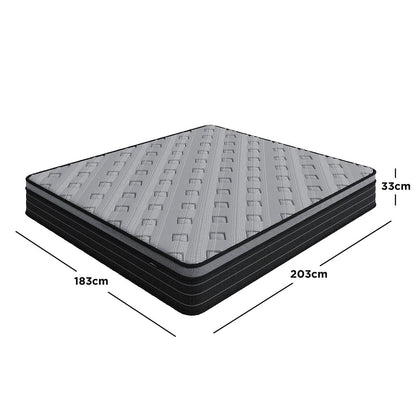 Phoebe King 33cm Euro Pillow Top Pocket Spring Mattress, featuring a grey top and black sides, with dimensions of 183 cm width, 203 cm length, and 33 cm height, providing medium firm support.