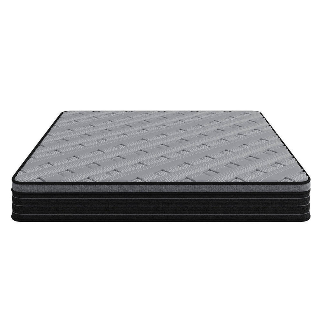 Phoebe Queen 33cm Euro Pillow Top Pocket Spring Mattress features a quilted gray top with square-pattern stitching and layered black sides, highlighting its foam layers and luxurious design for optimal comfort.