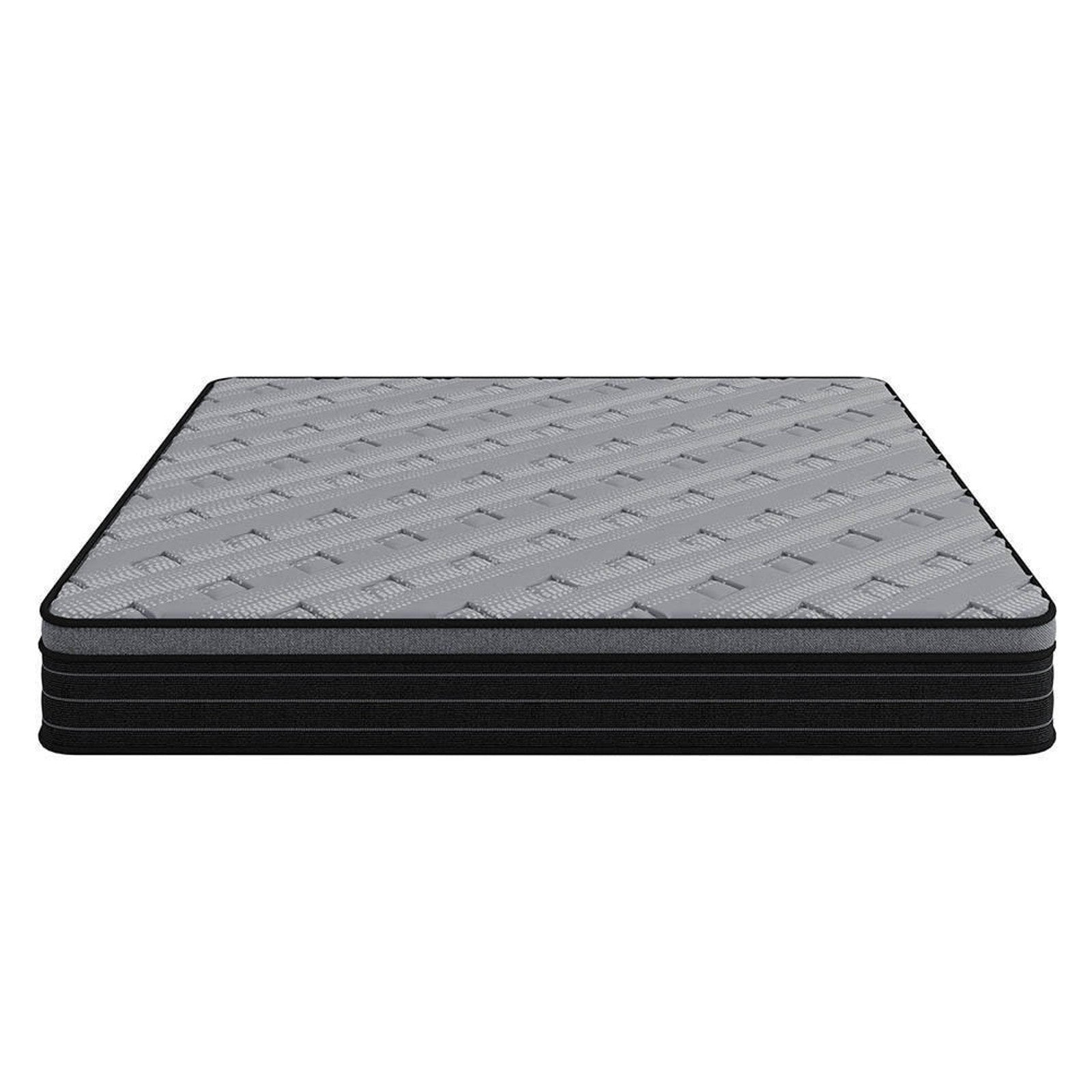 Phoebe Queen 33cm Euro Pillow Top Pocket Spring Mattress features a quilted gray top with square-pattern stitching and layered black sides, highlighting its foam layers and luxurious design for optimal comfort.