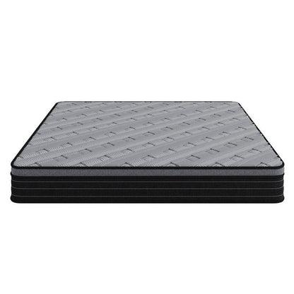 Phoebe Queen 33cm Euro Pillow Top Pocket Spring Mattress features a quilted gray top with square-pattern stitching and layered black sides, highlighting its foam layers and luxurious design for optimal comfort.