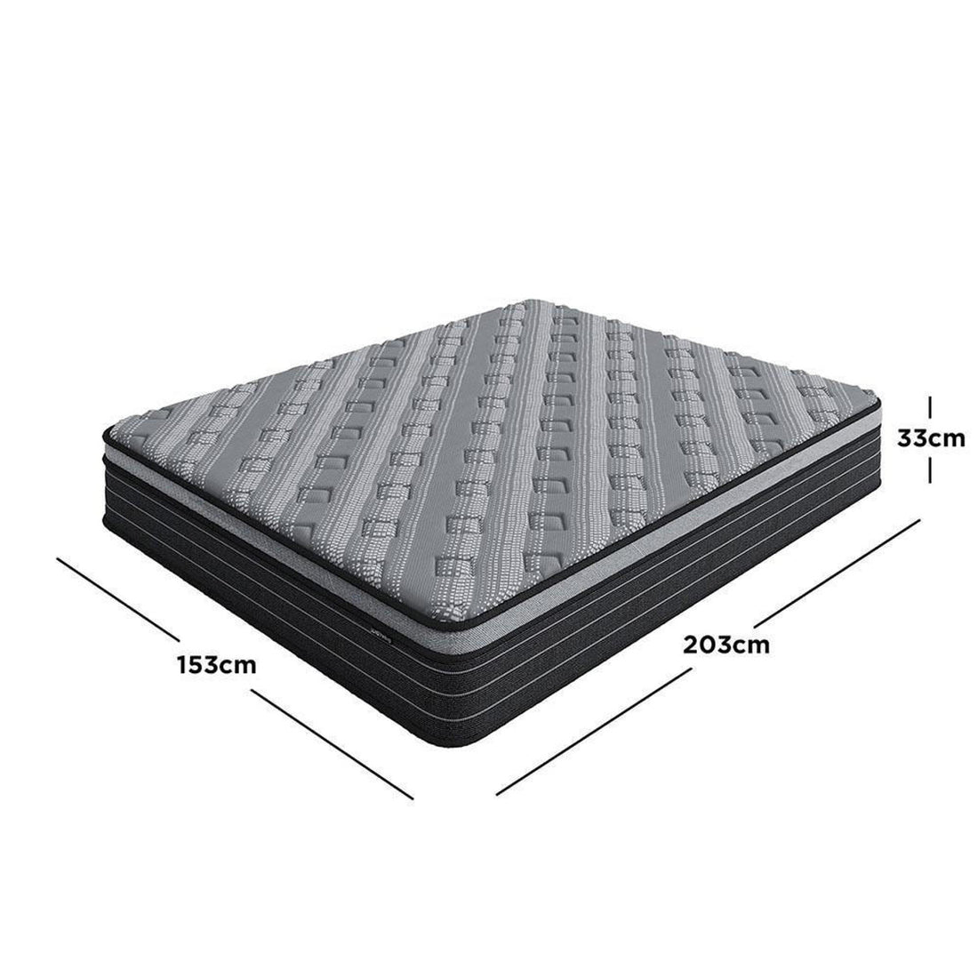 Phoebe Queen 33cm Euro Pillow Top Pocket Spring Mattress showcases a medium firm, plush design with high-density foam, latex, and pocket springs, highlighted by its substantial 203 cm length, 153 cm width, and 33 cm thickness.