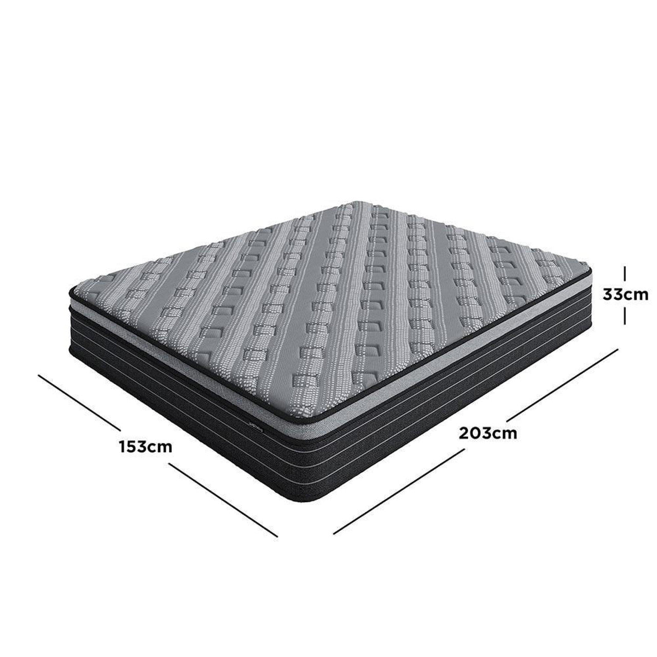 Phoebe Queen 33cm Euro Pillow Top Pocket Spring Mattress showcases a medium firm, plush design with high-density foam, latex, and pocket springs, highlighted by its substantial 203 cm length, 153 cm width, and 33 cm thickness.