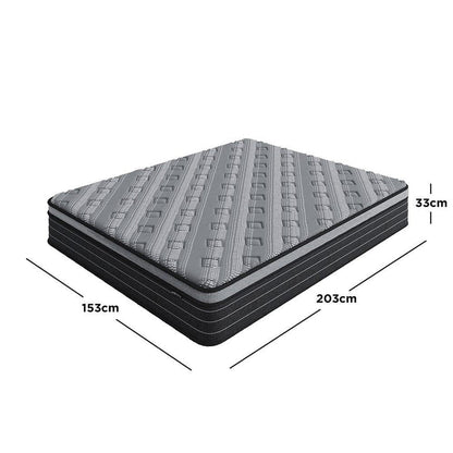 Phoebe Queen 33cm Euro Pillow Top Pocket Spring Mattress showcases a medium firm, plush design with high-density foam, latex, and pocket springs, highlighted by its substantial 203 cm length, 153 cm width, and 33 cm thickness.