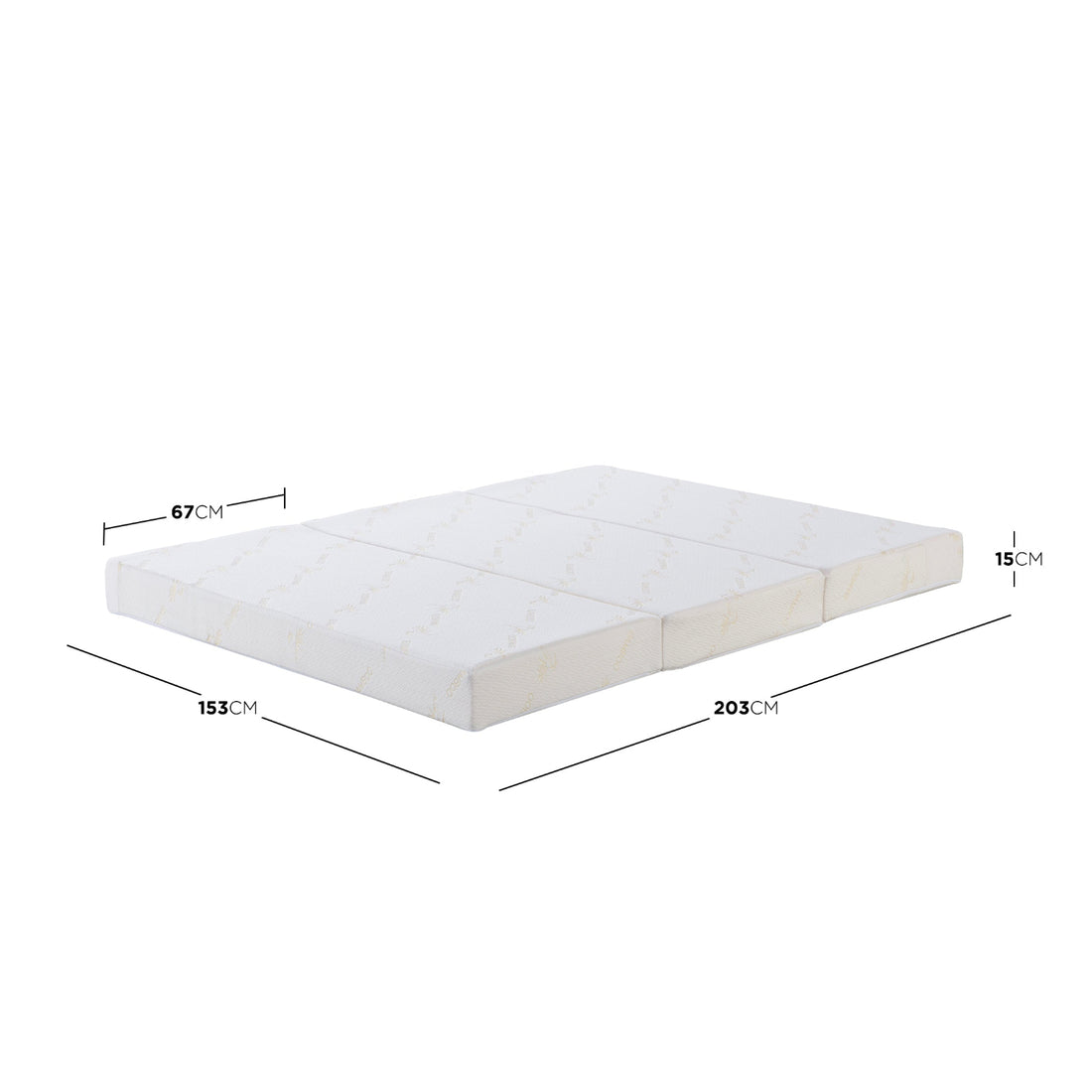 Plico Bamboo Folding Foam Mattress - Queen displayed on a white background, highlighting its sleek design and detailing. Close-up views emphasize the mattress's texture and a compact, white box accompanying the product.