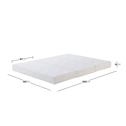Plico Bamboo Folding Foam Mattress - Queen displayed on a white background, highlighting its sleek design and detailing. Close-up views emphasize the mattress's texture and a compact, white box accompanying the product.