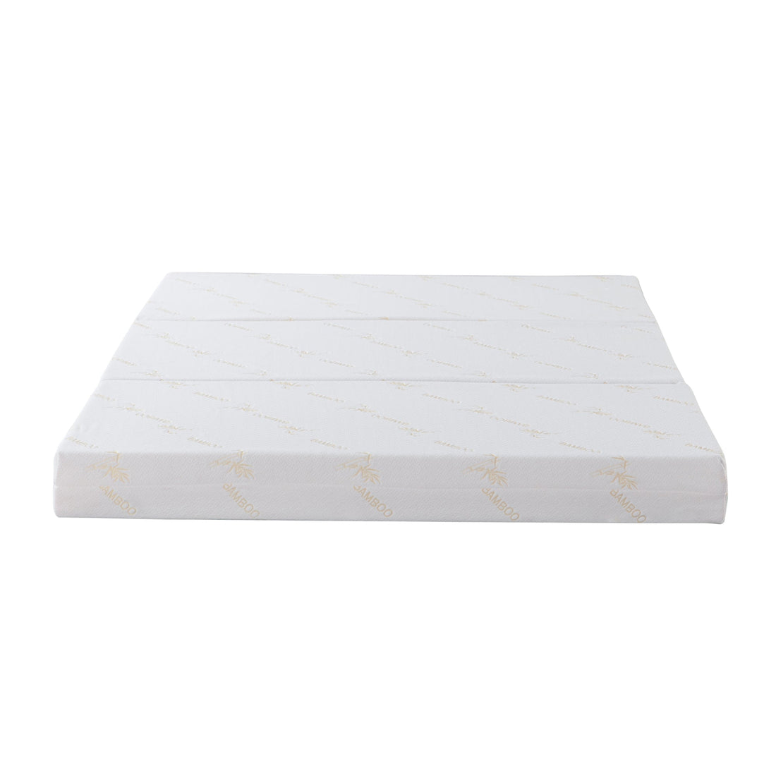 Jaxen Eco-Luxury Sleep with Bamboo Mattress Bundle: A white, tri-fold memory-foam mattress topper with bamboo-print cover, showcasing its compact design and eco-friendly materials, ideal for space-saving and comfort.