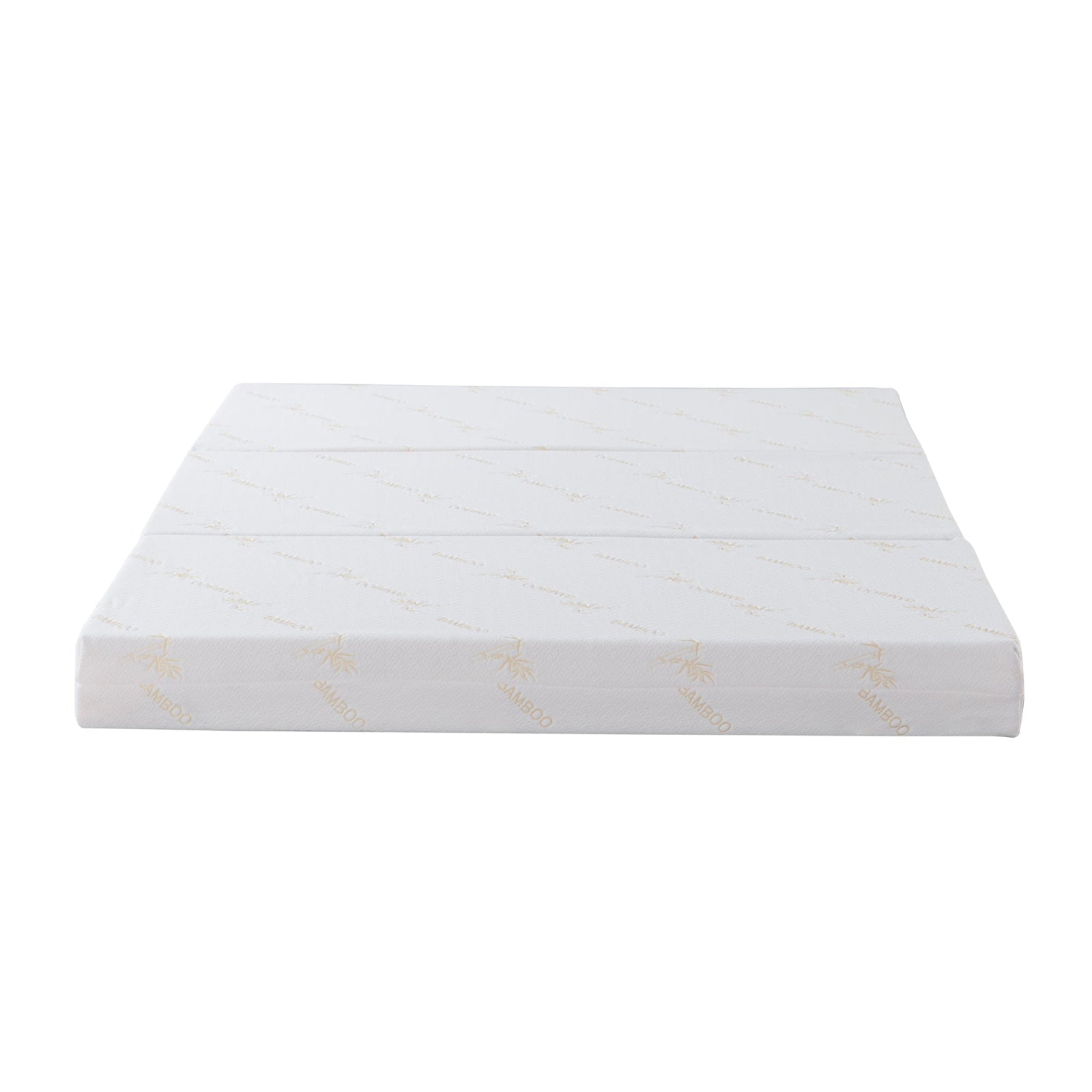 Jaxen Eco-Luxury Sleep with Bamboo Mattress Bundle: A white, tri-fold memory-foam mattress topper with bamboo-print cover, showcasing its compact design and eco-friendly materials, ideal for space-saving and comfort.