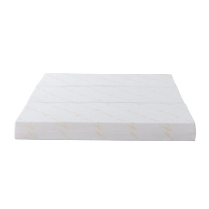 Jaxen Eco-Luxury Sleep with Bamboo Mattress Bundle: A white, tri-fold memory-foam mattress topper with bamboo-print cover, showcasing its compact design and eco-friendly materials, ideal for space-saving and comfort.