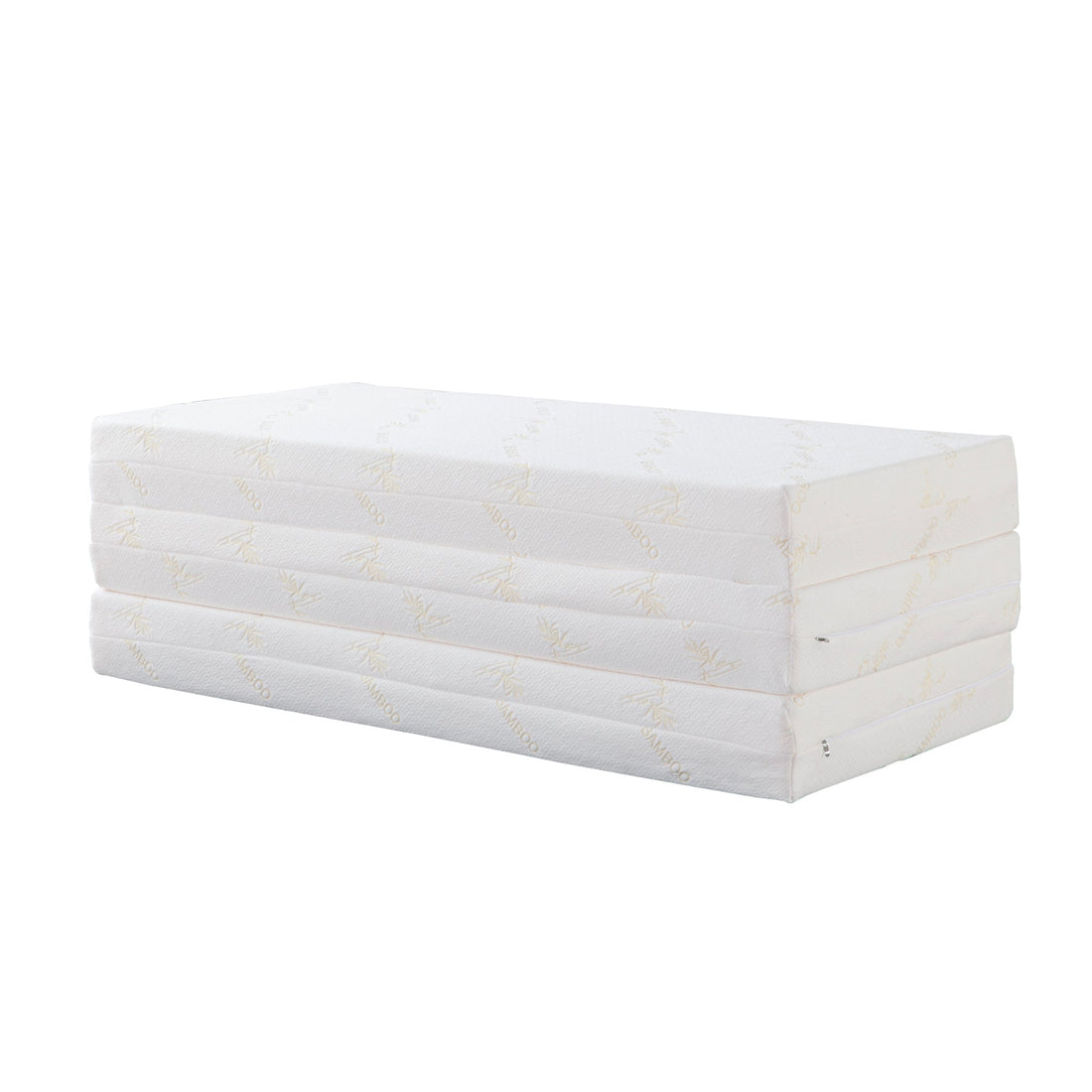 Jaxen Eco-Luxury Sleep with Bamboo Mattress Bundle features a white tri-fold foam mattress with a removable bamboo-fiber cover, offering eco-friendly comfort and practicality for modern living spaces.