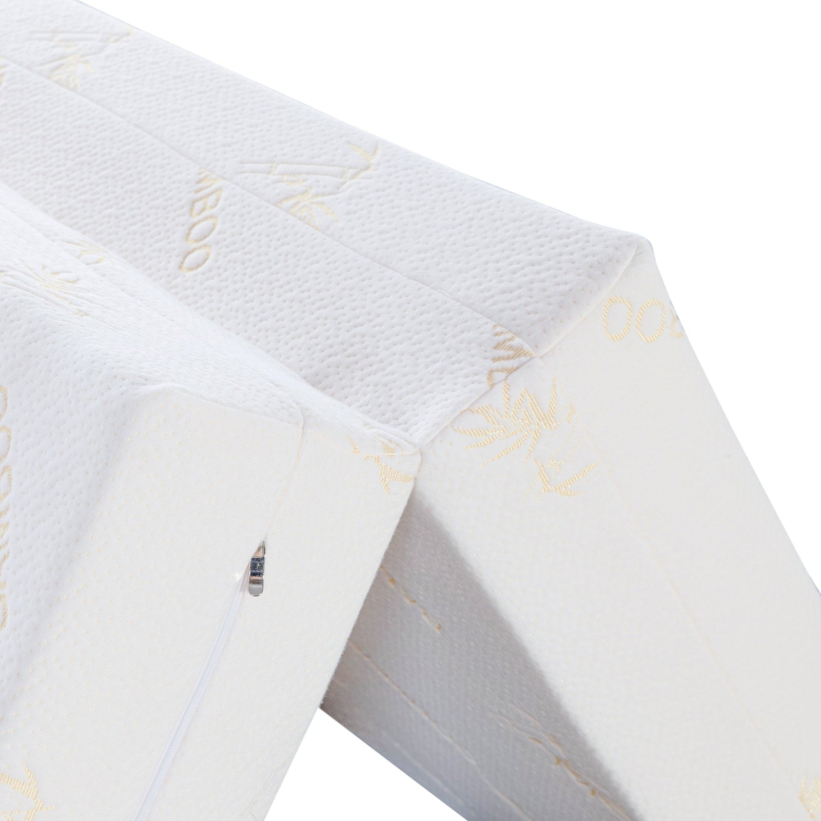 Close-up of the Plico Bamboo Folding Foam Mattress - Queen, highlighting its smooth white fabric and sturdy zipper, with a stack of similar white mattresses in the background.