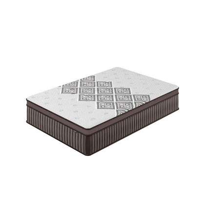 Thalia Double 30cm Memory Foam Pocket Spring Mattress features a white quilted geometric top and ribbed chocolate-brown sides, showcasing its medium firm design for exceptional support and plush comfort.
