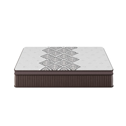 Thalia Double 30cm Memory Foam Pocket Spring Mattress features a white, patterned top with chocolate-brown sides, offering medium-firm support through its memory foam and pocket spring construction.